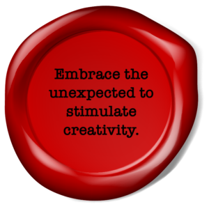 Red wax blob illustration with 'Embrace the unexpected to stimulate creativity.'