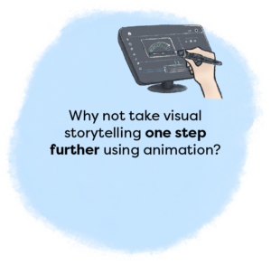 blue background blob style with a screen and hand writing on the screen illustration with the wording 'Why not take visual storytelling one step further using animation?'