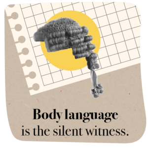 Sqaure paper bacground with barristers ig illustration ans the wording 'Body language is the silent witness'