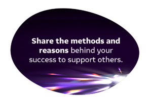 Roundel on black background with 'Share the methods and reasons behind your success to support others.'