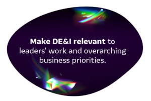 Roundel on black background with 'Make DE&I relevant to leaders' work and overarching business priorities.'