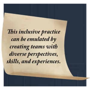 This inclusive practice can be emulated by creating teams with diverse perspectives, skills, and experiences.